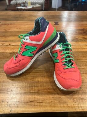 New Balance 574 Coral and Green Retro Style Sneakers